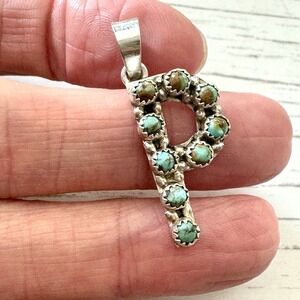 Initial Letter P Navajo Turquoise Pendant Sterling 925 Signed Native American